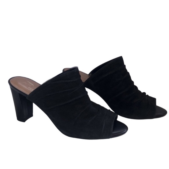 AEROSOLES HEELREST BLACK PEEP-TOE MULES US 8.5 SUEDE LOOK - Picture 1 of 11